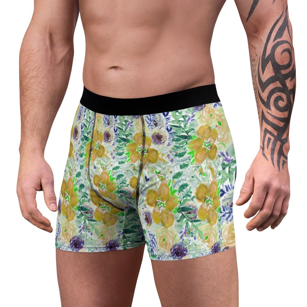 Yellow Floral Print Men's Underwear, Designer Boxer Briefs-All Over Prints-Printify-L-Black Seams-Heidi Kimura Art LLC