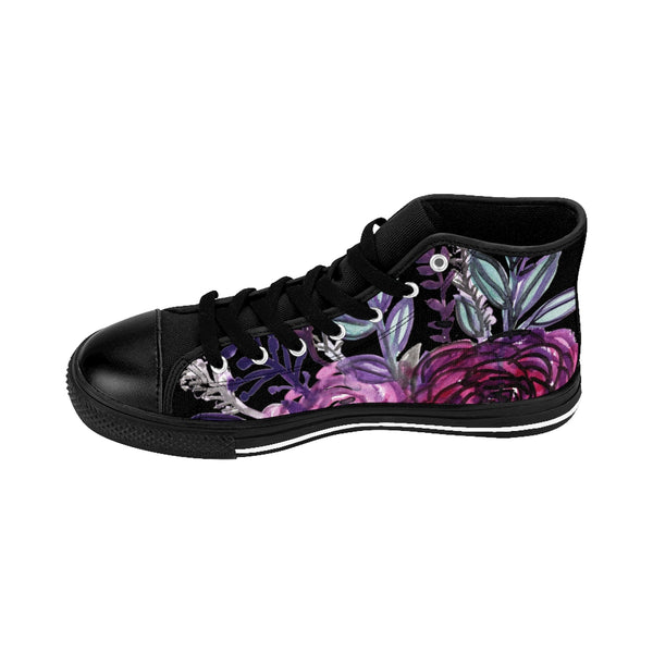 Black Purple Rose Floral Print Designer Men's High-top Sneakers Running Tennis Shoes-Men's High Top Sneakers-Heidi Kimura Art LLC