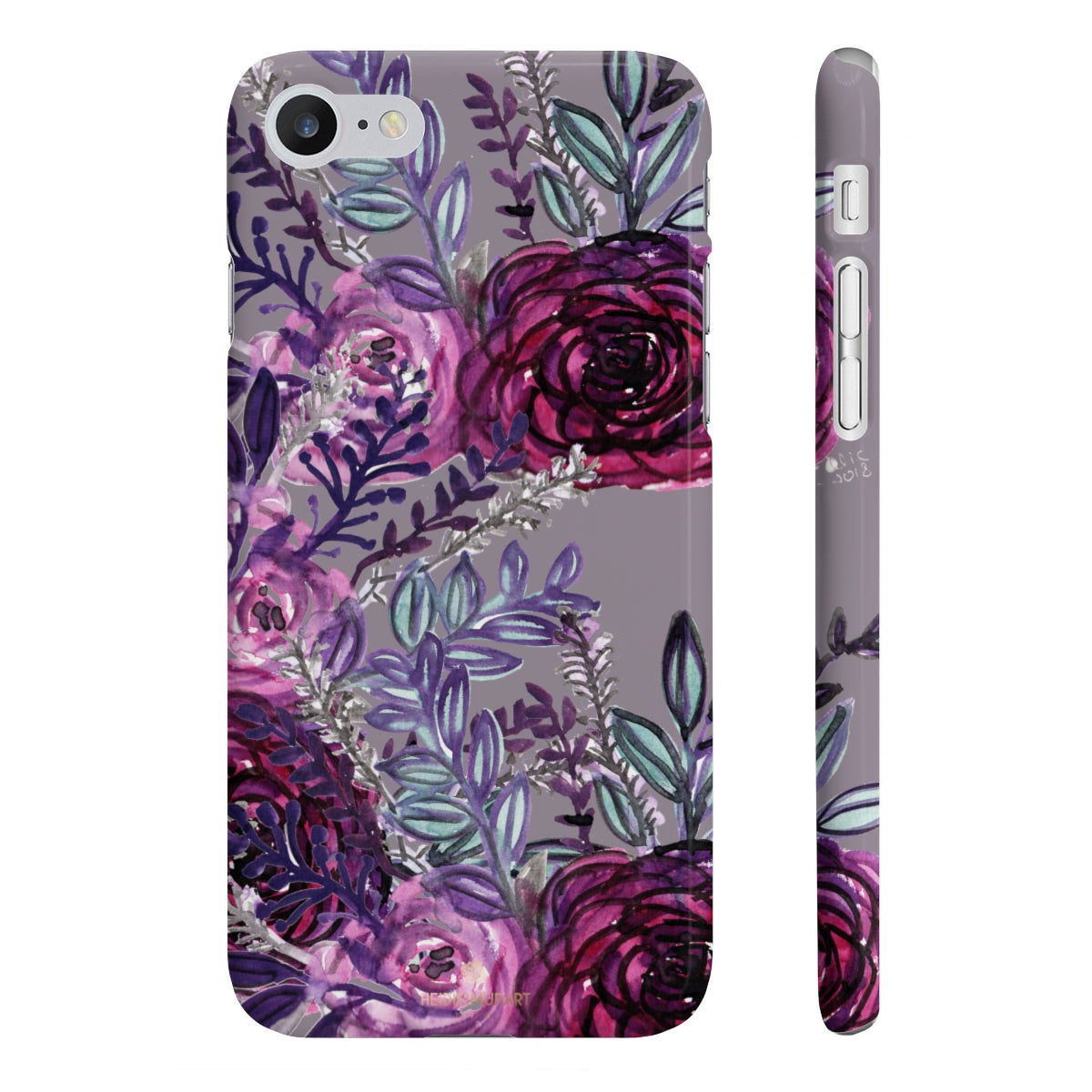 Gray Slim iPhone/ Samsung Galaxy Floral Purple Rose Print Phone Case, Made in UK-Phone Case-iPhone 7, iPhone 8 Slim-Glossy-Heidi Kimura Art LLC