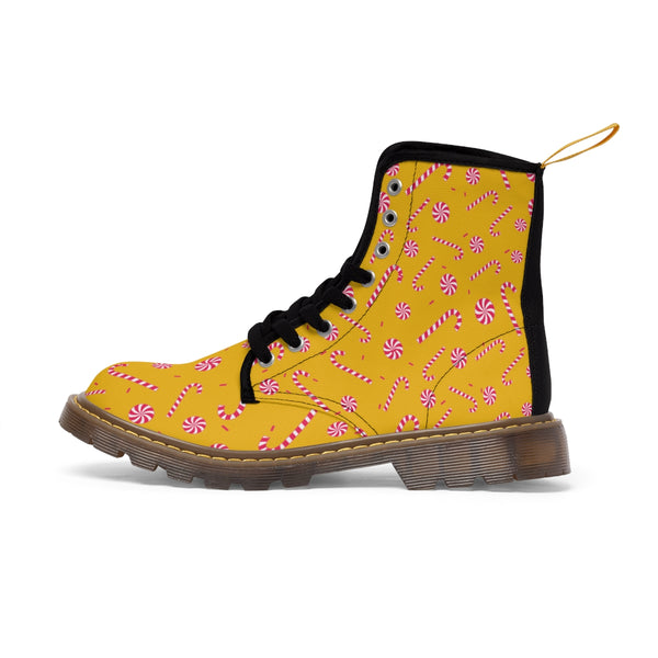 Yellow Christmas Women's Canvas Boots, Red Candy Cane Print Winter Boots For Women