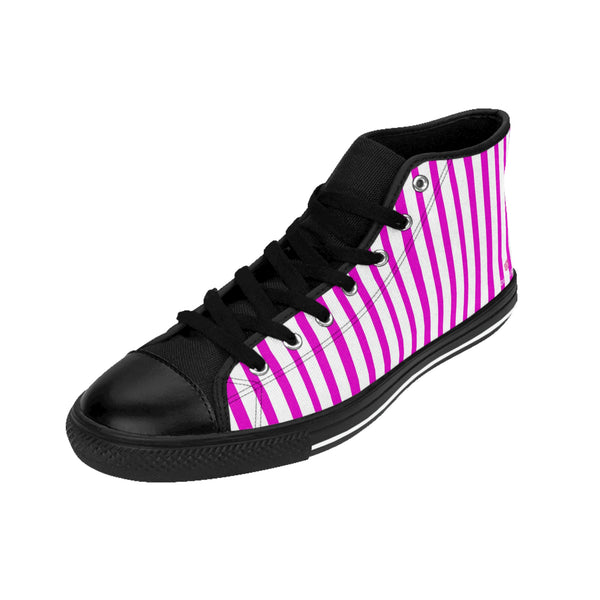 Pink Striped Men's High-top Sneakers, Pink White Modern Stripes Men's High Tops, High Top Striped Sneakers, Striped Casual Men's High Top For Sale, Fashionable Designer Men's Fashion High Top Sneakers, Tennis Running Shoes (US Size: 6-14)