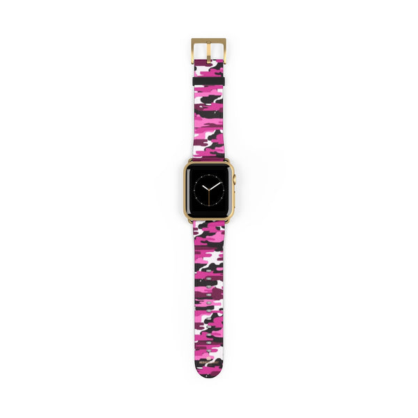 Pink White Camo Army Print 38mm/42mm Watch Band For Apple Watch- Made in USA-Watch Band-38 mm-Gold Matte-Heidi Kimura Art LLC
