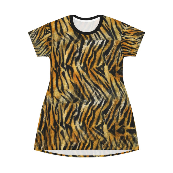 Orange Tiger Stripes T-Shirt Dress, Animal Print Designer Crew Neck Women's Long Tee T-shirt Dress-Made in USA (US Size: XS-2XL)