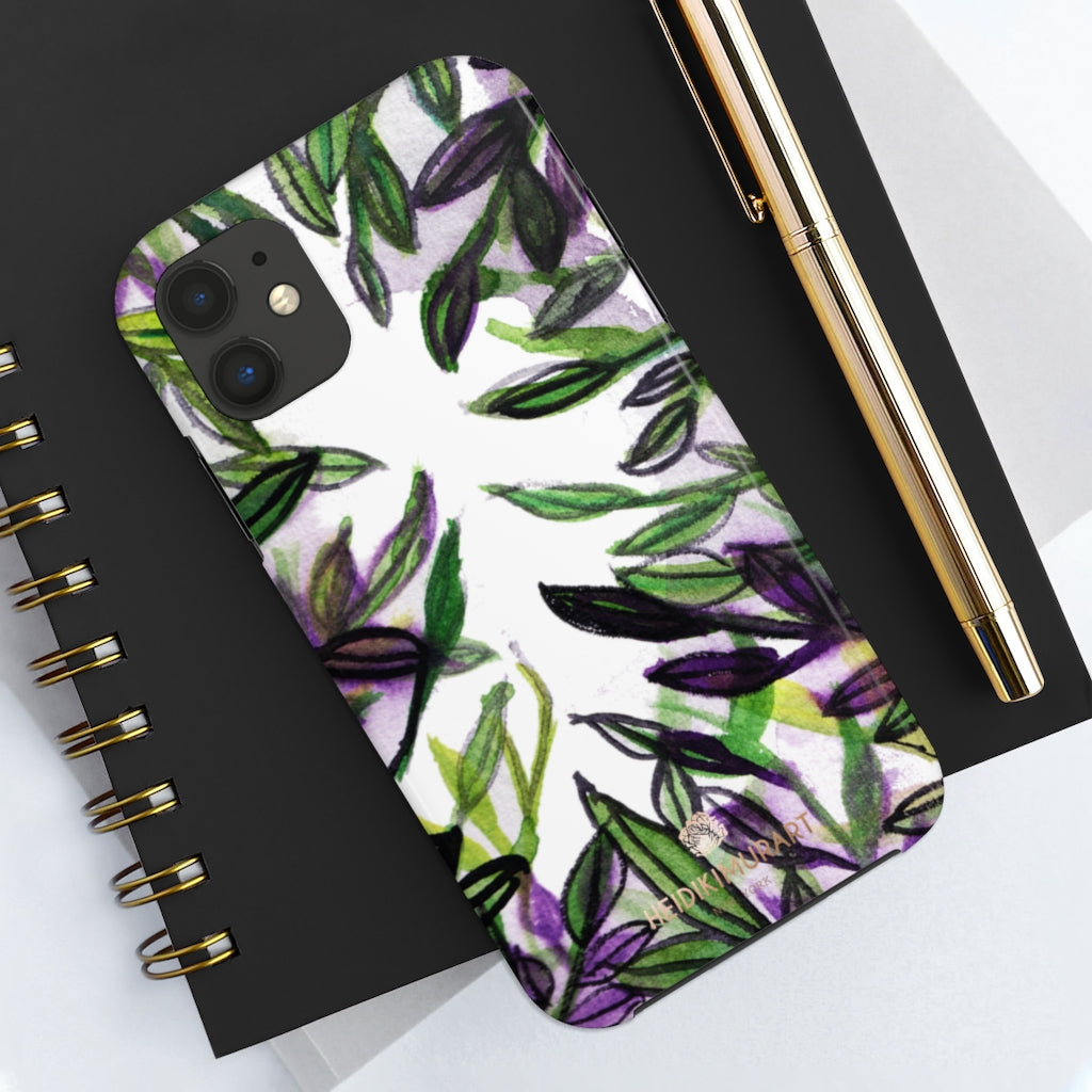 White Purple Tropical Leaf Phone Case, Floral Print Flower Case Mate Tough Phone Cases-Made in USA - Heidikimurart Limited 