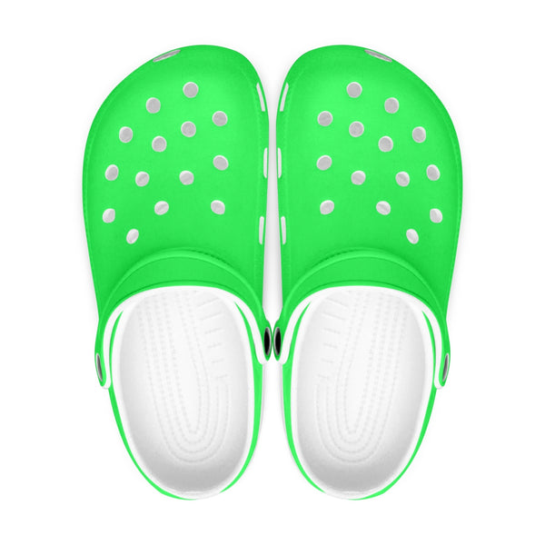Bright Green Color Unisex Clogs, Best Solid Green Color Classic Solid Color Printed Adult's Lightweight Anti-Slip Unisex Extra Comfy Soft Breathable Supportive Clogs Flip Flop Pool Water Beach Slippers Sandals Shoes For Men or Women, Men's US Size: 3.5-12, Women's US Size: 4-12