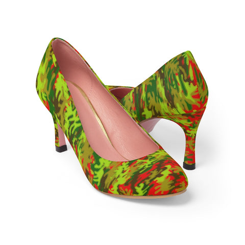 Hot Red & Green White Camo Military Army Print Premium Women's High Heels Shoes-3 inch Heels-Heidi Kimura Art LLC Red Green Camo Heels, Hot Red & Green Camo Military Army Print Premium Women's 3 inch Designer High Heels Shoes Stylish Pumps, Camouflage Heels, Camo Heels, Camo Shoes, Green Camo Heel, Army Camo High Heels, Camouflage High Heel Shoes (US Size: 5-11)