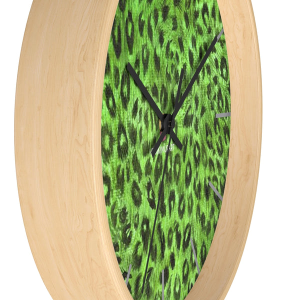 Green Leopard Print Wall Clock,  Numeric 10 inch Diameter Wall Clock, Large Round Wood Girl Children Bedroom Wall Clock