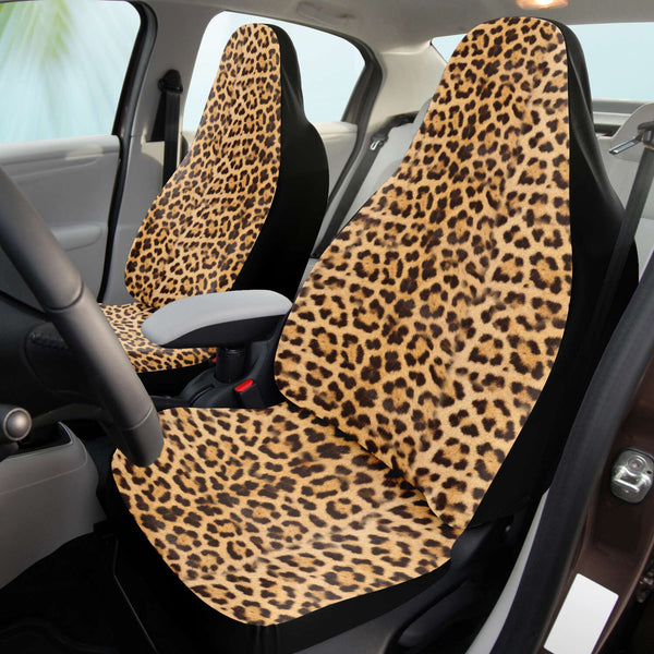 Leopard Car Seat Cover, Brown Beige Leopard Animal Print Designer Essential Premium Quality Best Machine Washable Microfiber Luxury Car Seat Cover - 2 Pack For Your Car Seat Protection, Cart Seat Protectors, Car Seat Accessories, Pair of 2 Front Seat Covers, Custom Seat Covers