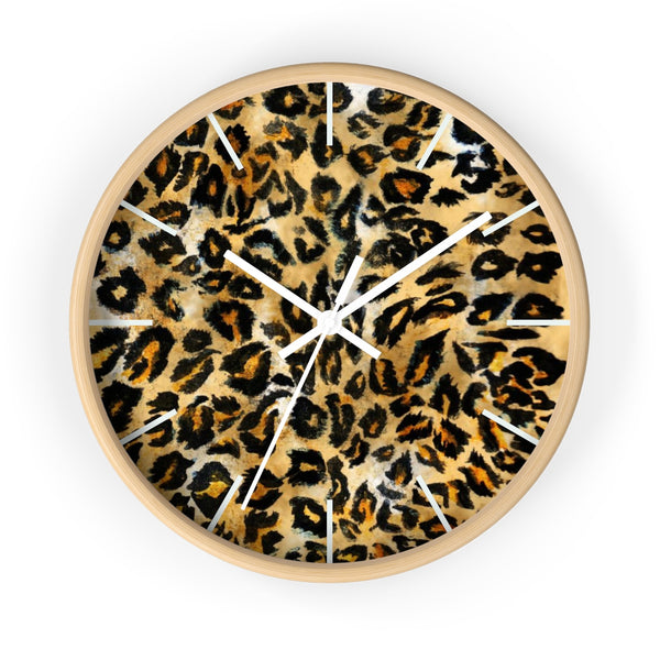 Brown Leopard Print Wall Clock, Animal Print Pattern 10" Dia. Indoor Clock-Made in USA-Wall Clock-Wooden-White-Heidi Kimura Art LLC