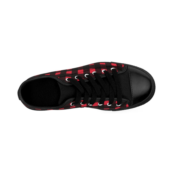Red Buffalo Plaid Men's Sneakers, Preppy Low Top Shoes For Men-Shoes-Printify-Heidi Kimura Art LLC Black Red Plaid Men's Sneakers, Buffalo Plaid Preppy Men's Low Tops, Premium Men's Nylon Canvas Tennis Fashion Sneakers Shoes (US Size: 7-14)