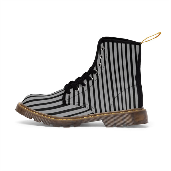Grey Striped Print Men's Boots, Black Stripes Best Hiking Winter Boots Laced Up Shoes For Men-Shoes-Printify-Heidi Kimura Art LLC
