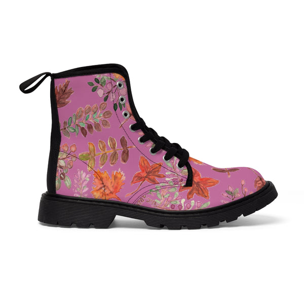 Pink Fall Leaves Women's Boots, Pink Autumn Fall Leaves Print Women's Boots, Combat Boots, Designer Women's Winter Lace-up Toe Cap Hiking Boots Shoes For Women (US Size 6.5-11) Fall Leaves Fashion Canvas Shoes, Fall Leaves Print Winter Boots, Autumn Leaves Printed Boots For Ladies, Colorful Boots For Women