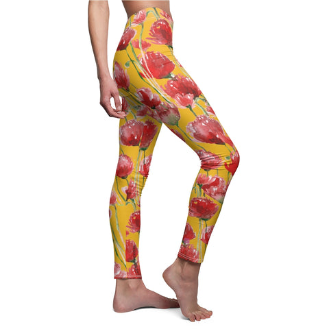 Yellow Poppy Flower Tights, Best Yellow and Red Poppy Flower Cute Elegant Chic Designer Watercolor Floral Print Skinny Fit Best Long Women's Tights / Fashion Floral Print Skinny Fit Designer Premium Quality Casual Leggings - Made in USA (US Size: XS-2XL) Plus Size Available&nbsp;