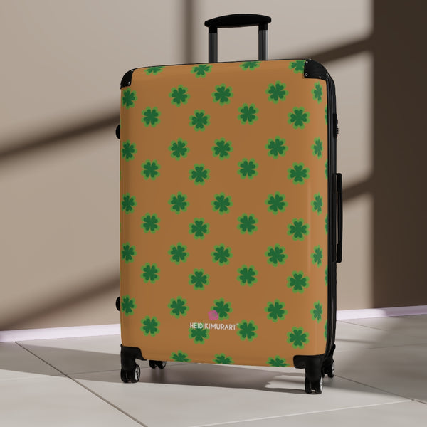 Brown Clover Print Suitcases, Irish Style St. Patrick's Day Holiday Designer Suitcase Luggage (Small, Medium, Large) Unique Cute Spacious Versatile and Lightweight Carry-On or Checked In Suitcase, Best Personal Superior Designer Adult's Travel Bag Custom Luggage - Gift For Him or Her - Made in USA/ UK