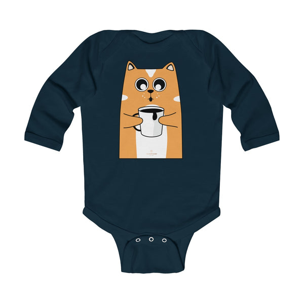 Cute Coffee Cat Print Baby Boy/ Girls Infant Kids Long Sleeve Bodysuit - Made in USA-Infant Long Sleeve Bodysuit-Navy-NB-Heidi Kimura Art LLC