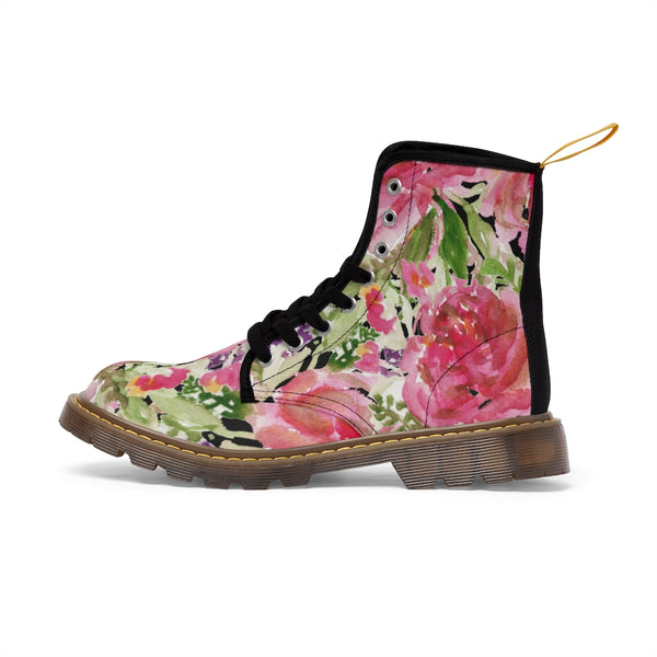 Cute Pink Floral Women's Boots, Pink Rose Floral Print Girlie Premium Designer Women's Winter Lace-up Toe Cap Hiking Boots For Ladies (US Size: 6.5-11) Floral Boots, Hot Pink Shoes, Women's Boots, Floral Canvas Boots For Women, Women's Boots Floral, Floral Boots and Shoes, Floral Boots Womens
