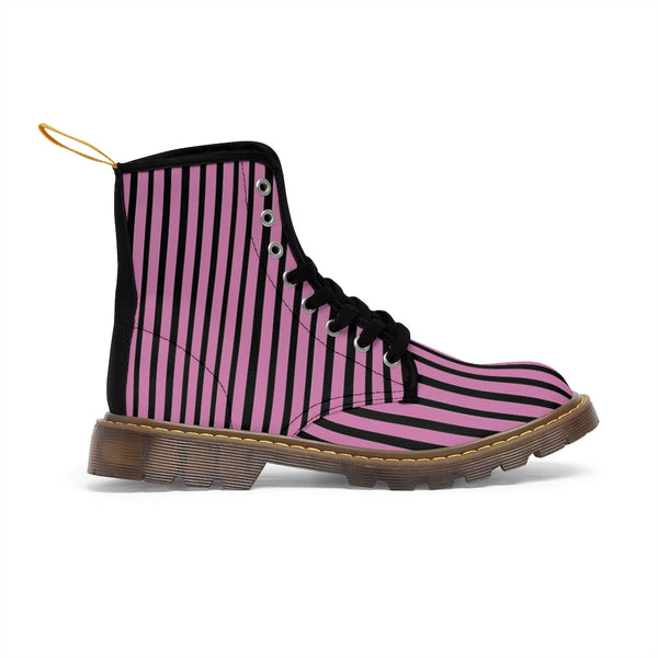Pink Striped Print Men's Boots, Black Stripes Best Hiking Winter Boots Laced Up Shoes For Men-Shoes-Printify-Heidi Kimura Art LLC