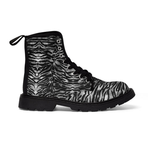 Grey Tiger Men's Canvas Boots, Gray Tiger Striped Animal Print Lace Up Combat Canvas Boots Shoes For Men, Best Tiger Stripes Animal Print Combat Work Hunting Laced Up Hiking Boots, Anti Heat + Moisture Designer Men's Winter Boots Hiking Shoes (US Size: 7-10.5)