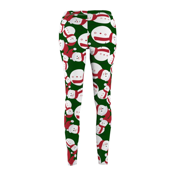 Dark Green Red Fluffy Happy Cute Snowman Women's Christmas Casual Leggings-Casual Leggings-Heidi Kimura Art LLC
