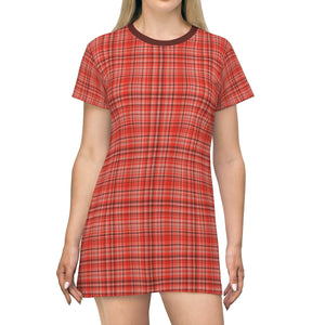Orange Red Plaid Tartan Print Designer Crew Neck T-shirt Dress-Made in USA-T-Shirt Dress-L-Heidi Kimura Art LLC