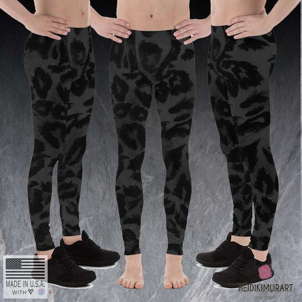 Grey Leopard Print Men's Leggings, Long Compression Yoga Pants Tights- Made in USA/EU-Men's Leggings-Heidi Kimura Art LLC