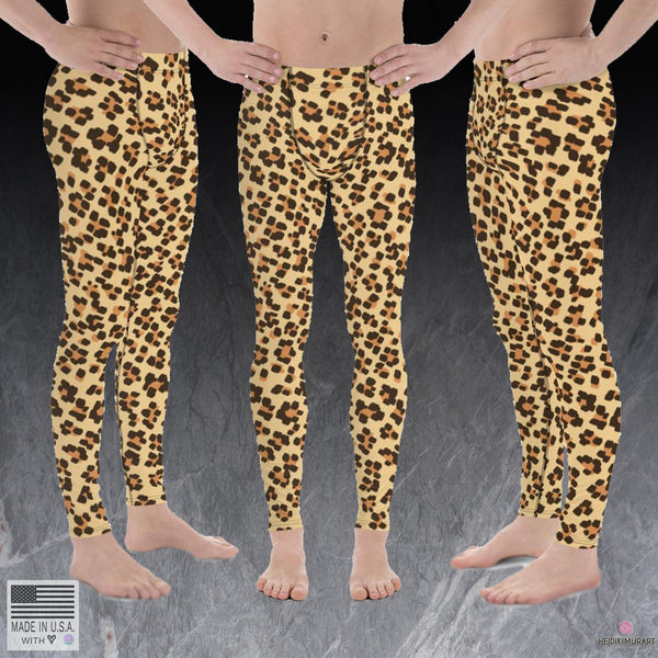 Brown Leopard Animal Print Fitted Elastic Men's Leggings Men Tights - Made in USA-Men's Leggings-Heidi Kimura Art LLC Brown Leopard Meggings, Brown Leopard Animal Print 38-40 UPF Fitted Elastic Men's Leggings Sexy Workout Compression Tights/ Pants- Made in USA/EU (US Size: XS-3XL)