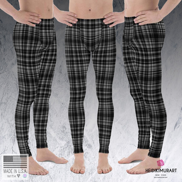 Black Gray Tartan Plaid Meggings, Men's Plaid Print Running Leggings Tights- Made in USA/EU-Men's Leggings-Heidi Kimura Art LLC