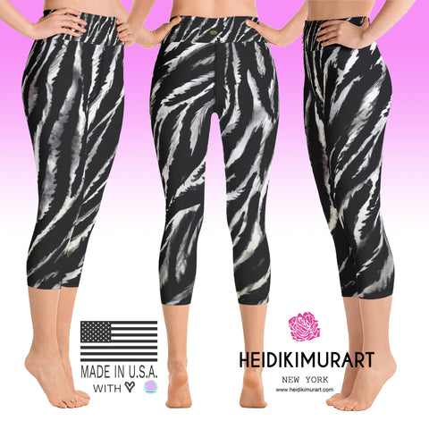 Zebra Animal Stripe Print Women's Yoga Capri Leggings- Made in USA (XS-XL)-Capri Yoga Pants-Heidi Kimura Art LLC Zebra Striped Yoga Capri Leggings, Black White Zebra Animal Stripe Print Women's Yoga Capri Leggings Pants - Made in USA/EU (US Size: XS-XL)