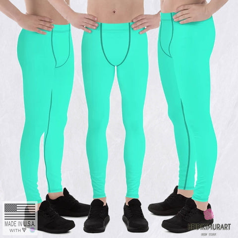 Turquoise Neon Blue Solid Color Men's Running Leggings Meggings-Made in USA/EU-Men's Leggings-Heidi Kimura Art LLC Turquoise Neon Blue Meggings, Turquoise Classic Neon Blue Solid Color Men's Running Leggings & Run Tights Meggings Activewear- Made in USA/ Europe (US Size: XS-3XL)