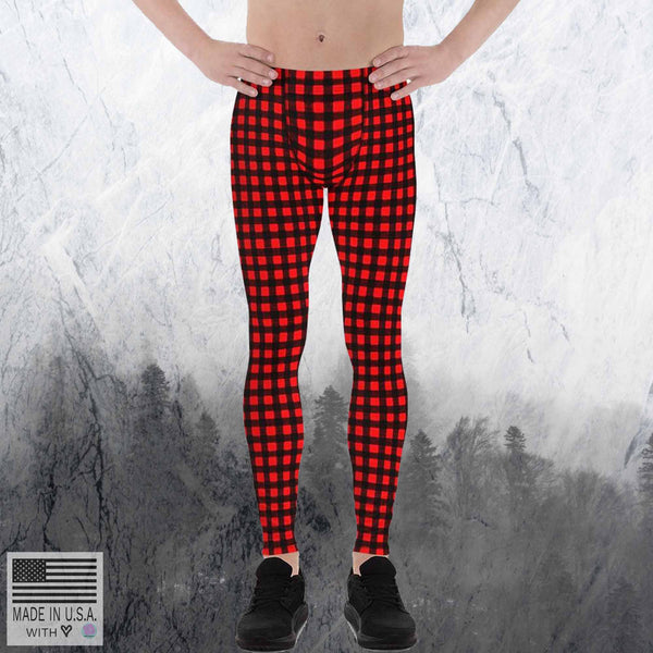 Buffalo Red Plaid Print Men's Leggings, Tights Yoga Pants-Made in USA/EU(US Size: XS-3XL)-Men's Leggings-Heidi Kimura Art LLC