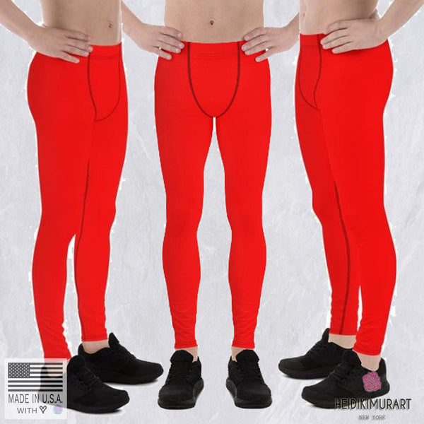 Red Hot Solid Color Men's Running Leggings Meggings Activewear- Made in USA/EU-Men's Leggings-Heidi Kimura Art LLC