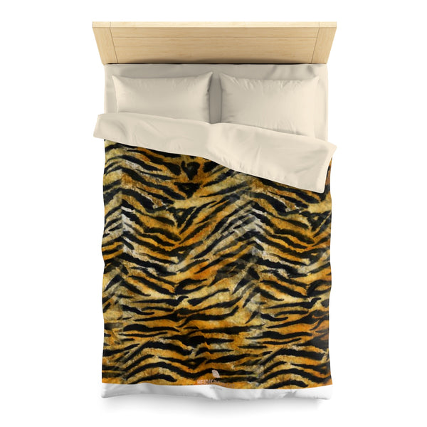 Orange Tiger Stripe Duvet Cover, Brown Animal Print Microfiber Bedding Cover-Made in USA-Duvet Cover-Twin-Cream-Heidi Kimura Art LLC