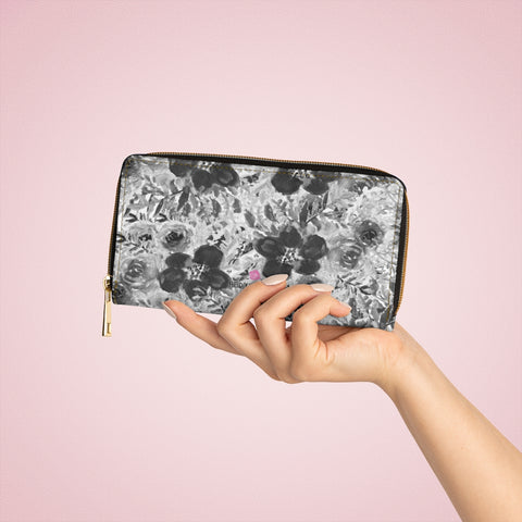 Mixed Floral Rose Zipper Wallet, Grey Floral Elegant Print Best 7.87" x 4.33" Luxury Cruelty-Free Faux Leather Women's Wallet & Purses Compact High Quality Nylon Zip & Metal Hardware, Luxury Long Wallet Card Cases For Women