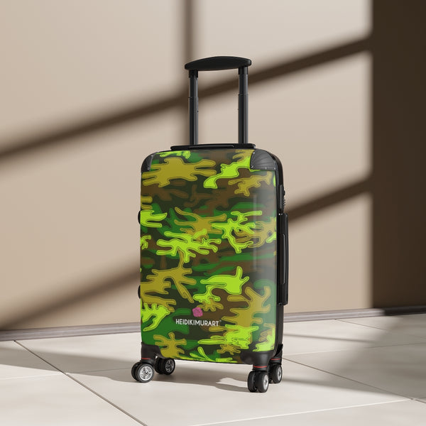 Best Green Camo Cabin Suitcase, Camorlauged Army Military Print Carry On Polycarbonate Front and Hard-Shell Durable Small 1-Size Carry-on Luggage With 2 Inner Pockets & Built in Lock With 4 Wheel 360° Swivel and Adjustable Telescopic Handle - Made in USA/UK (Size: 13.3" x 22.4" x 9.05", Weight: 7.5 lb) Unique Cute Carry-On Best Personal Travel Bag Custom Luggage - Gift For Him or Her 