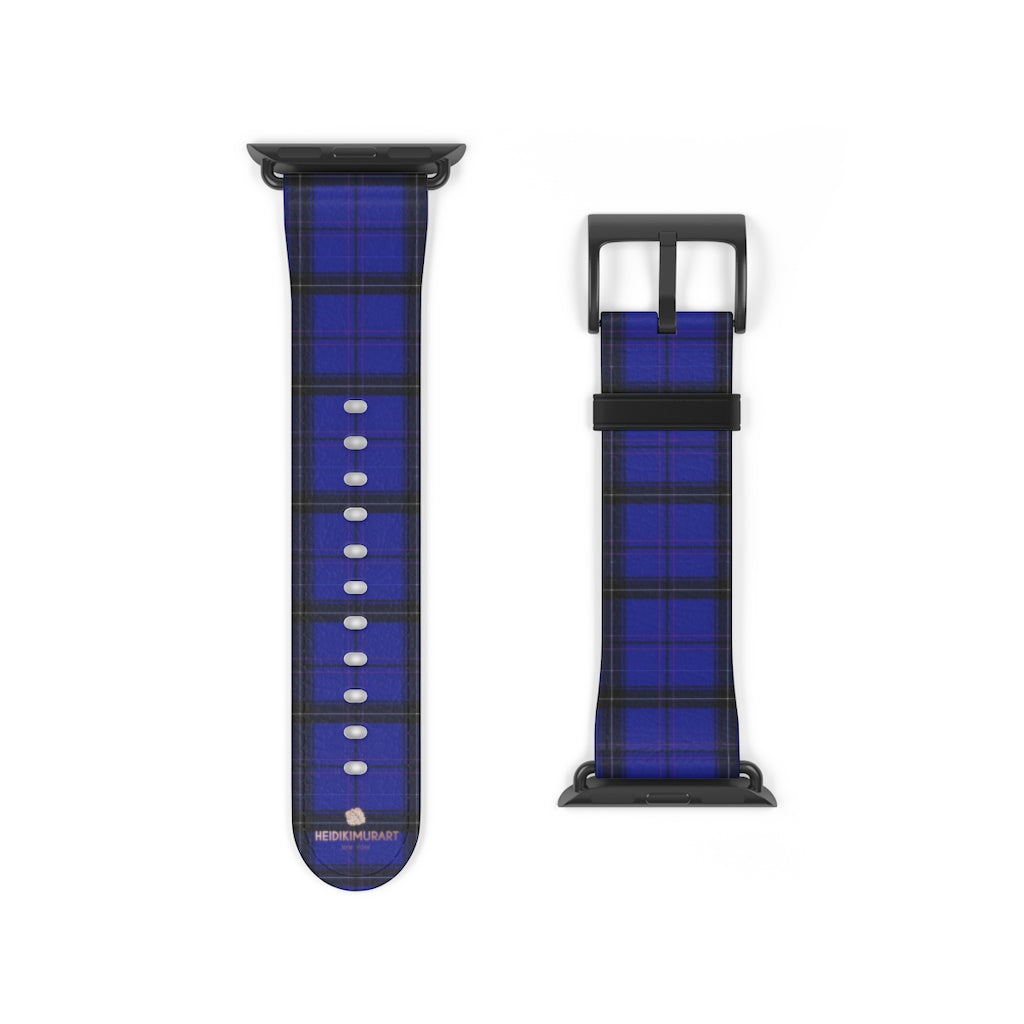 Blue Plaid Tartan Scottish Print 38mm/42mm Watch Band For Apple Watch- Made in USA-Watch Band-38 mm-Black Matte-Heidi Kimura Art LLC