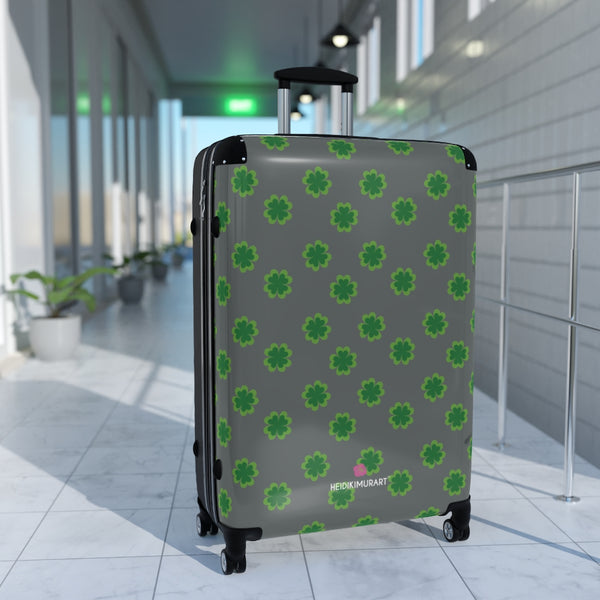 Grey Clover Print Suitcases, Irish Style St. Patrick's Day Holiday Designer Suitcase Luggage (Small, Medium, Large) Unique Cute Spacious Versatile and Lightweight Carry-On or Checked In Suitcase, Best Personal Superior Designer Adult's Travel Bag Custom Luggage - Gift For Him or Her - Made in USA/ UK