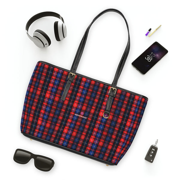 Red Plaid Print Tote Bag, PU Leather Shoulder Hand Work Bag