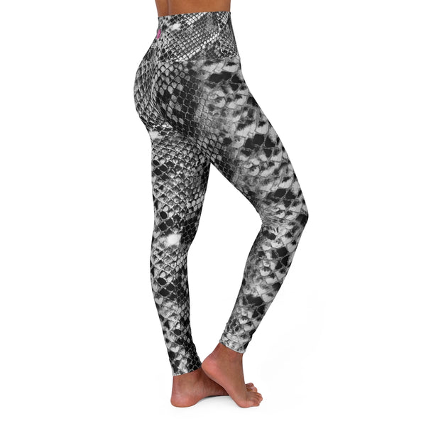 Black Snakeskin Print Tights, Reptile Python Print Modern Best Ladies High Waisted Skinny Fit Yoga Leggings With Double Layer Elastic Comfortable Waistband, Premium Quality Best Stretchy Long Yoga Pants For Women-Made in USA