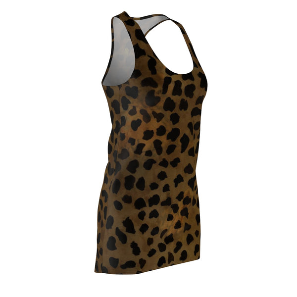 Brown Leopard Animal Print Women's Regular Fit Racerback Tank Dress - Made in USA-Women's Sleeveless Dress-Heidi Kimura Art LLC