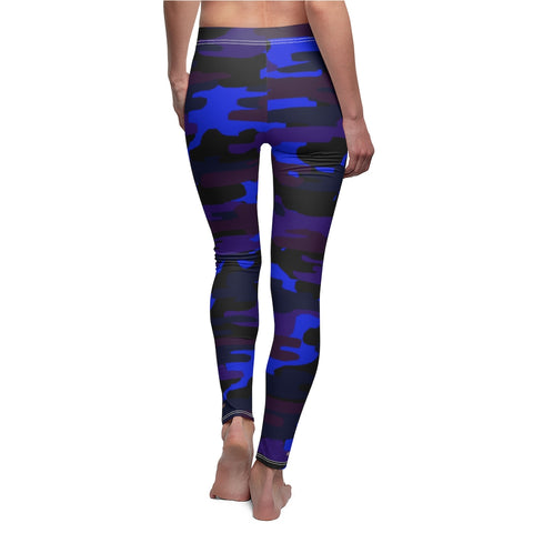 Purple Blue Camo Army Print Women's Dressy Long Casual Leggings- Made in USA-All Over Prints-White Seams-M-Heidi Kimura Art LLC