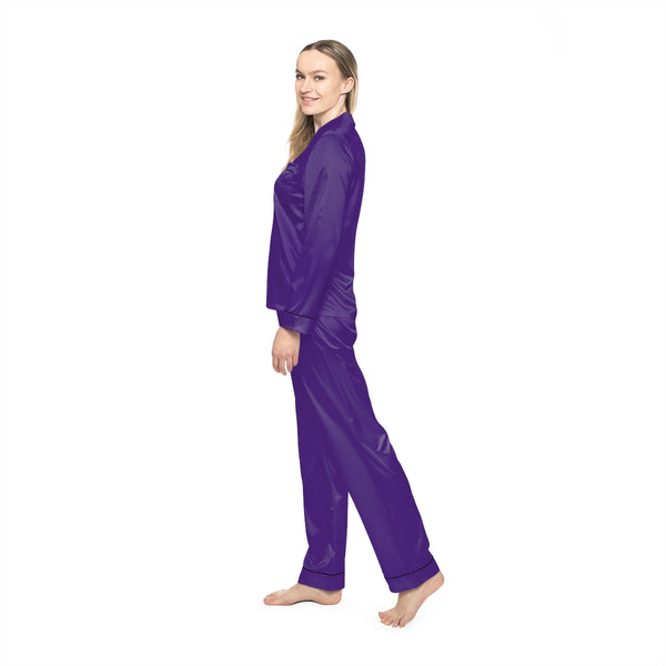 Dark Purple Women's Satin Pajamas, Luxury Premium Solid Color Loungewear For Women