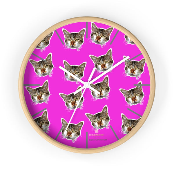Hot Pink Cat Print Wall Clock, Calico Cat Large Unique 10" Dia. Indoor Clocks- Made in USA-Wall Clock-10 in-Wooden-White-Heidi Kimura Art LLC