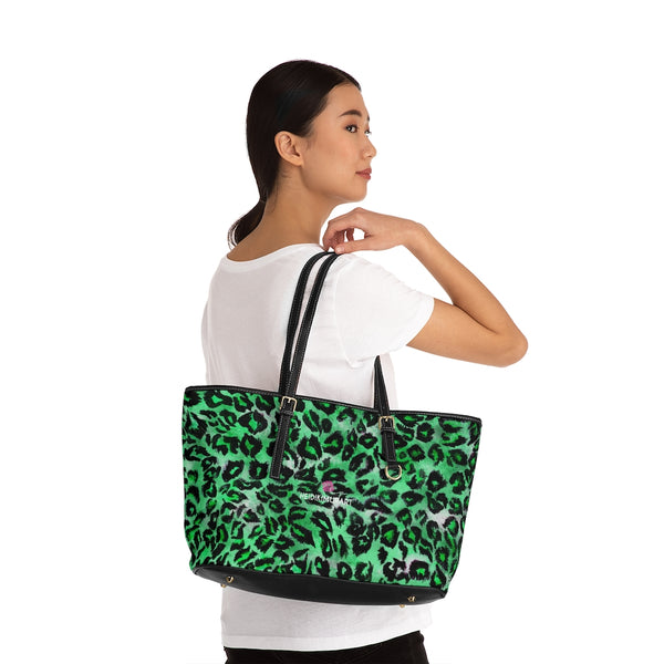 Green Leopard Print Tote Bag, Dark Green Best Stylish Leopard Animal Printed PU Leather Shoulder Large Spacious Durable Hand Work Bag 17"x11"/ 16"x10" With Gold-Color Zippers & Buckles & Mobile Phone Slots & Inner Pockets, All Day Large Tote Luxury Best Sleek and Sophisticated Cute Work Shoulder Bag For Women With Outside And Inner Zippers