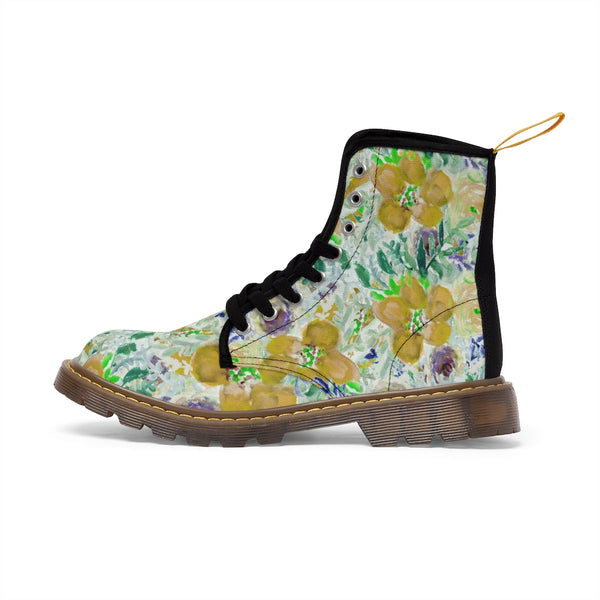 Yellow Floral Print Men's Boots, Best Hiking Winter Boots Laced Up Shoes For Men-Shoes-Printify-Heidi Kimura Art LLC Yellow Floral Men's Canvas Boots, Flower Print Luxury Men's Winter Hiking Canvas Boots, Fashionable Floral Print Anti Heat + Moisture Designer Comfortable Stylish Men's Winter Hiking Boots Shoes For Men (US Size: 7-10.5)