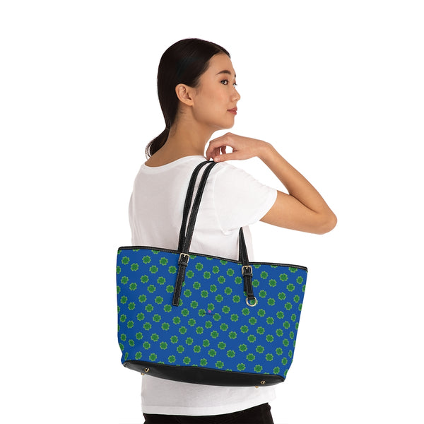 Blue Green Clovers Tote Bag, PU Leather Shoulder Hand Work Bag