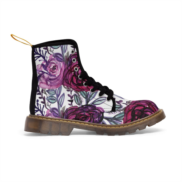 Purple Rose Floral Women's Boots, Flower Printed Best Cute Chic Best Flower Printed Elegant Feminine Casual Fashion Gifts, Flower Rose Print Shoe, Combat Boots, Designer Women's Winter Lace-up Toe Cap Hiking Boots Shoes For Women (US Size 6.5-11)