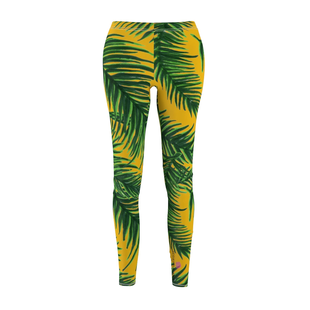 Yellow And Green Tropical Tights, Leaf Print Women's Dressy Long Casual  Leggings- Made in USA