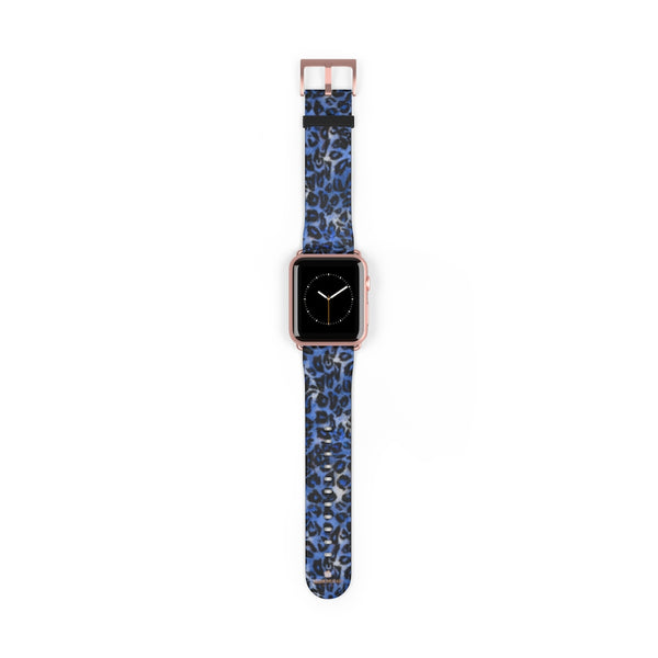 Blue Leopard Animal Print 38mm/42mm Watch Band For Apple Watch- Made in USA-Watch Band-42 mm-Rose Gold Matte-Heidi Kimura Art LLC