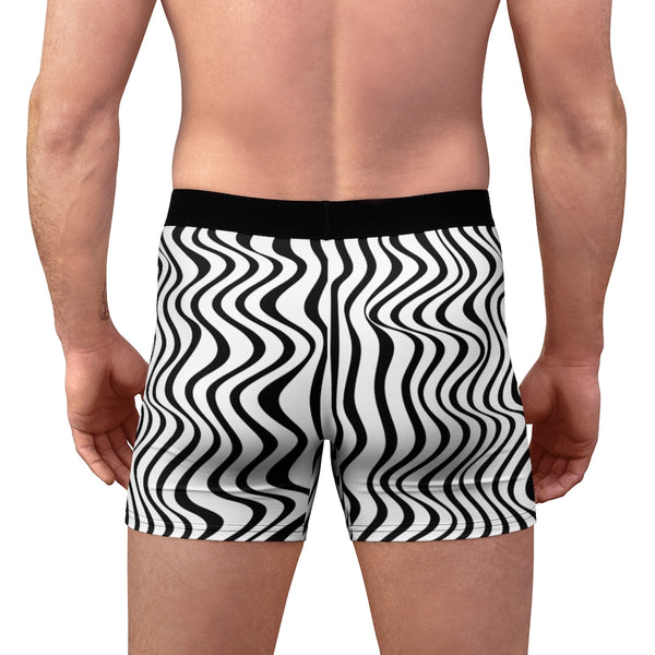 Chic Wavy Men's Boxer Briefs, White Black Curvy Pattern Designer Sexy Underwear For Men Sexy Hot Men's Boxer Briefs Hipster Lightweight 2-sided Soft Fleece Lined Fit Underwear - (US Size: XS-3XL)