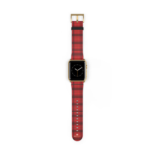 Scottish Red Tartan Plaid Print 38mm/42mm Watch Band For Apple Watch- Made in USA-Watch Band-42 mm-Gold Matte-Heidi Kimura Art LLC